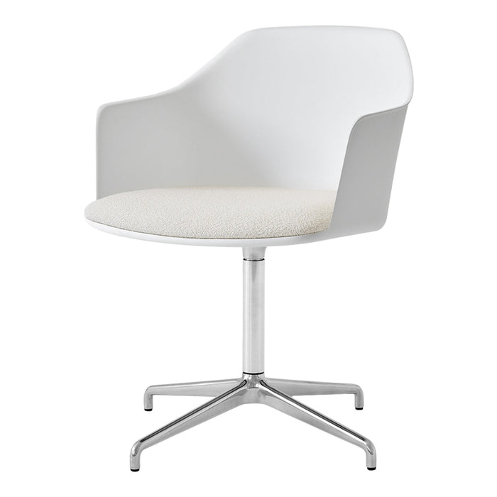 White modern chair with a sleek design, featuring a soft cream seat and a shiny silver base.