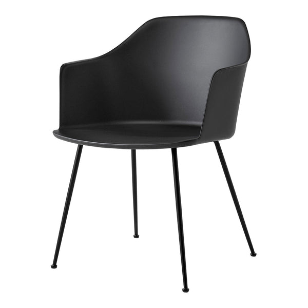 Modern black plastic chair with sleek, minimalist design and contrasting black metal legs. Ideal for contemporary decor.