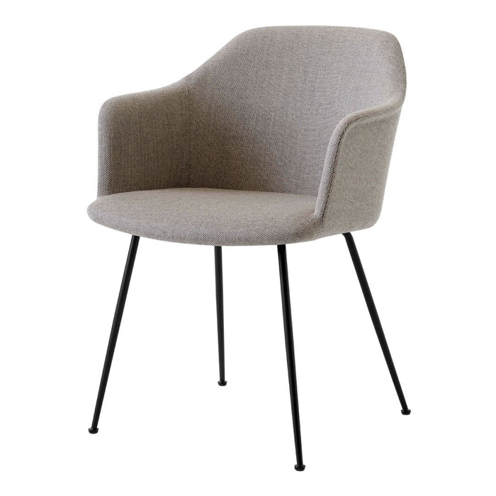 Light gray upholstered chair with a smooth, minimalist design and black metal legs, offering a modern touch to any space.