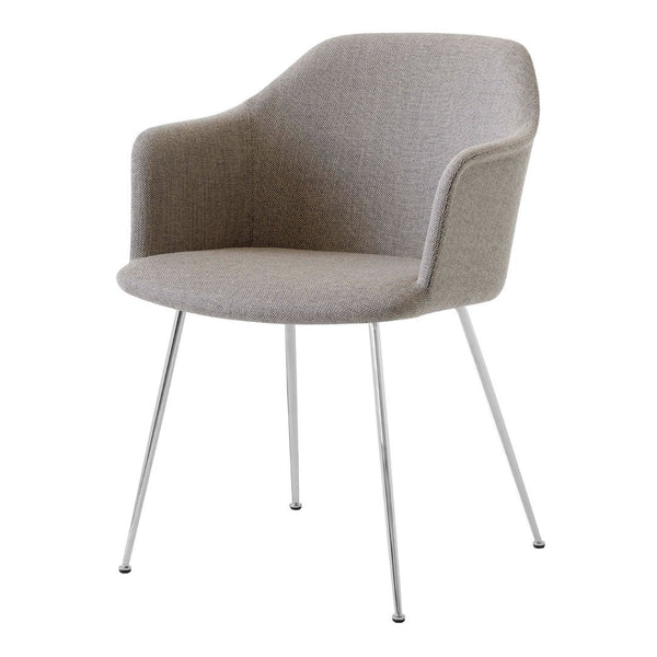 Light gray upholstered chair with a smooth, minimalist design and sleek metal legs, perfect for modern interiors.