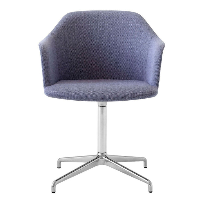 Stylish purple upholstered chair with a sleek silver base, featuring a modern, minimalist design.