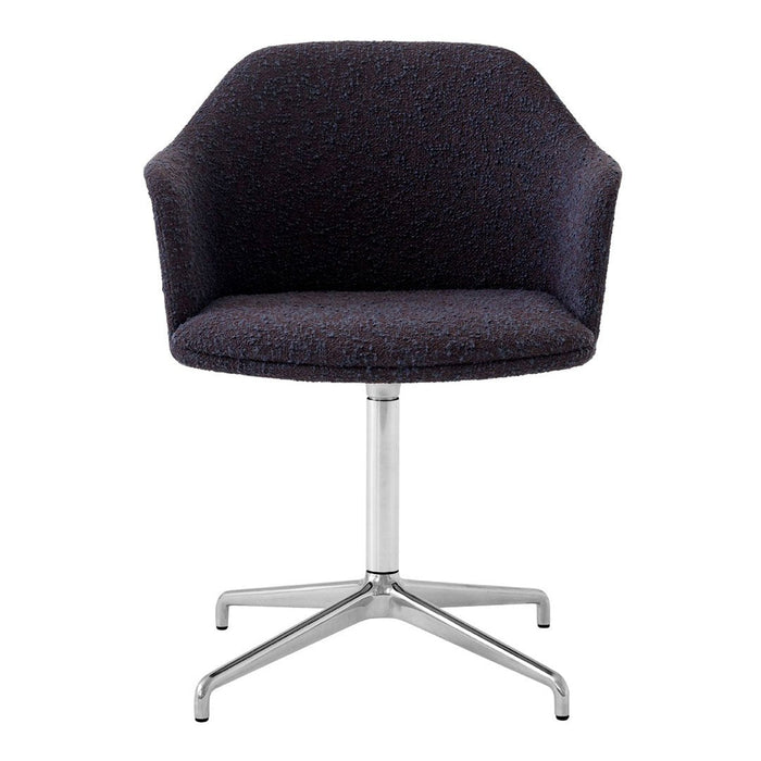 Dark gray upholstered chair with a textured pattern and sleek silver base. Ideal for modern decor.