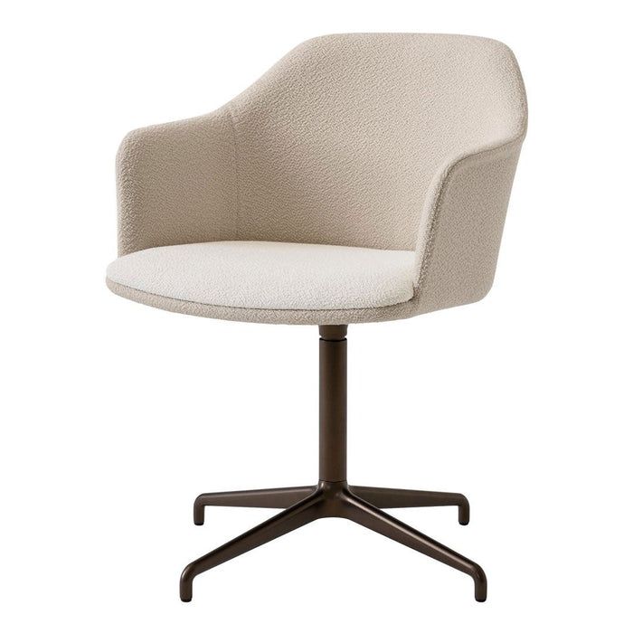 Beige fabric swivel chair with a textured pattern and dark brown metal base. Stylish and modern design.