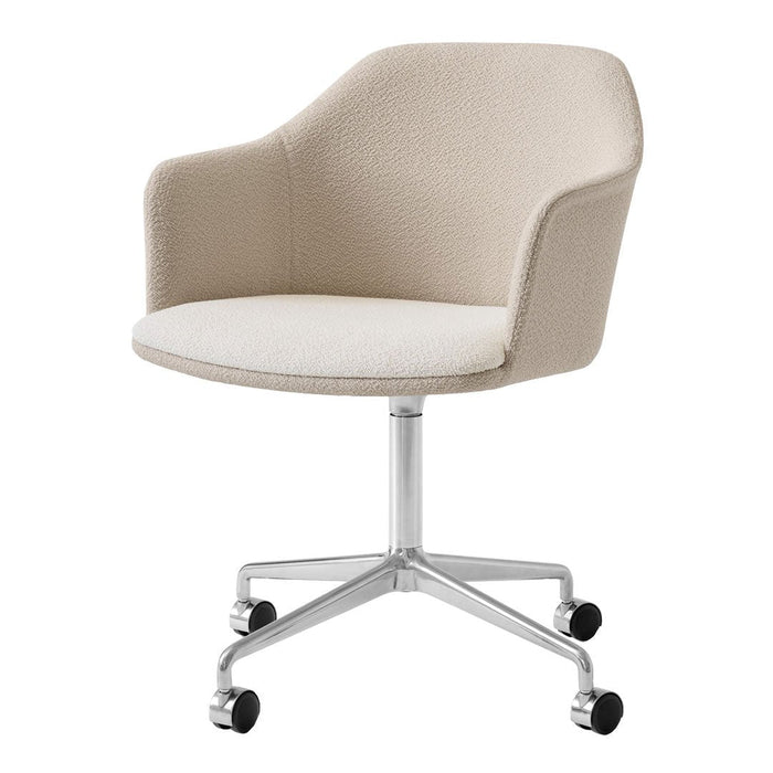 Beige fabric office chair with a smooth finish and a contemporary design, featuring a simple rotating base.