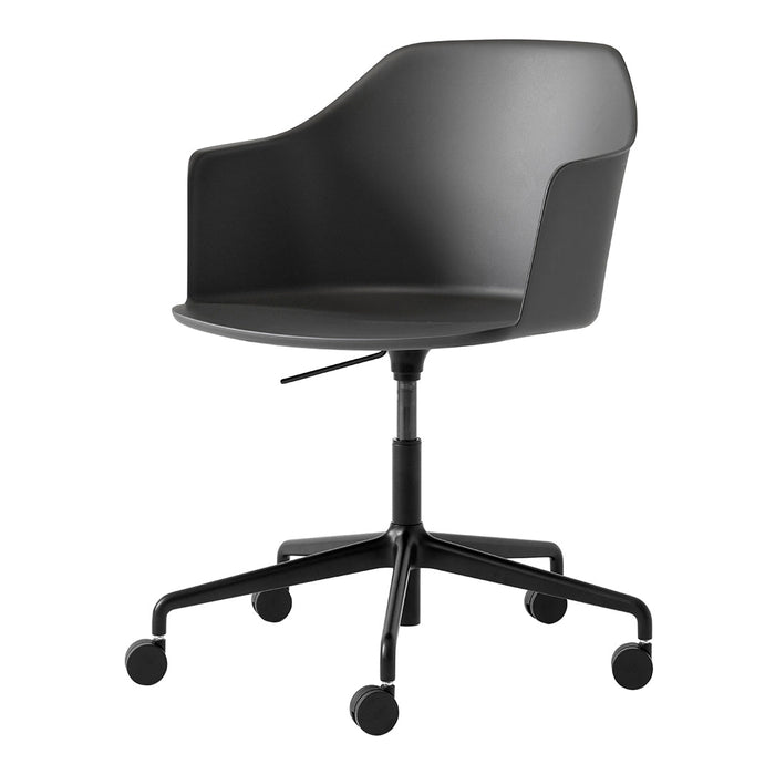 Sleek black ergonomic chair with a modern design, featuring a smooth finish and a minimalist aesthetic.