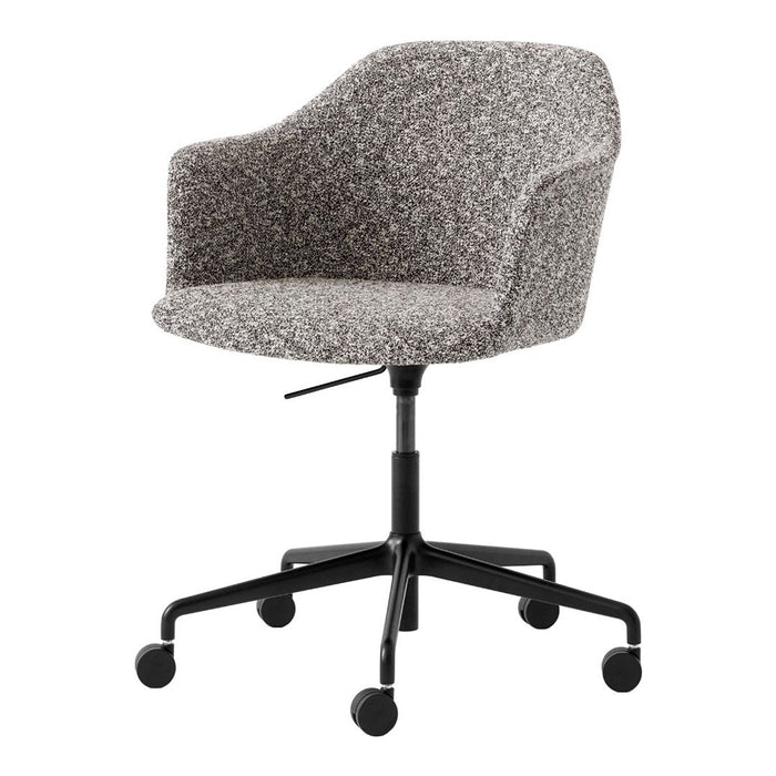 Stylish gray and black patterned chair with a modern design and wheeled base for versatile use.