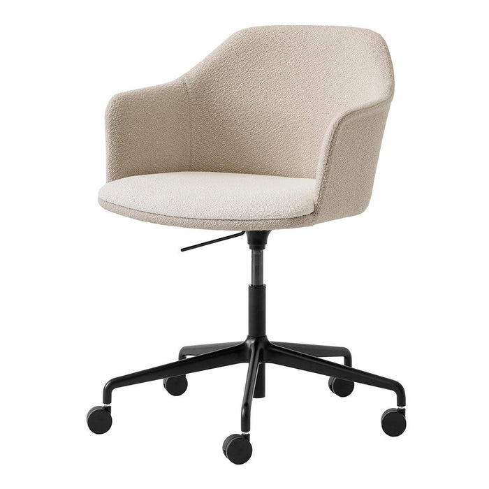 Light beige upholstered chair with a smooth fabric, featuring a black five-wheel base and a modern design.