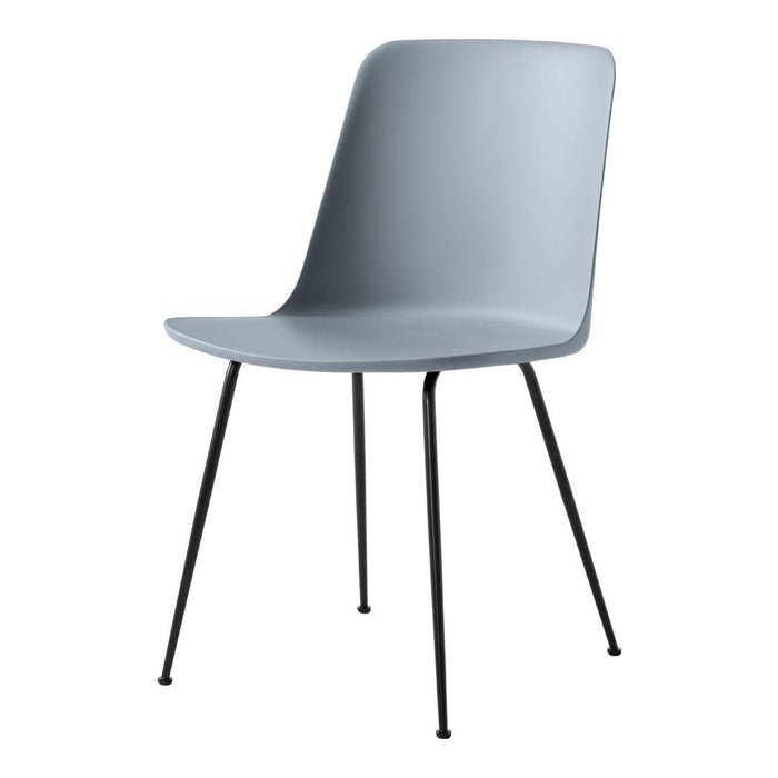Gray chair with a smooth surface and sleek black metal legs, perfect for modern decor.