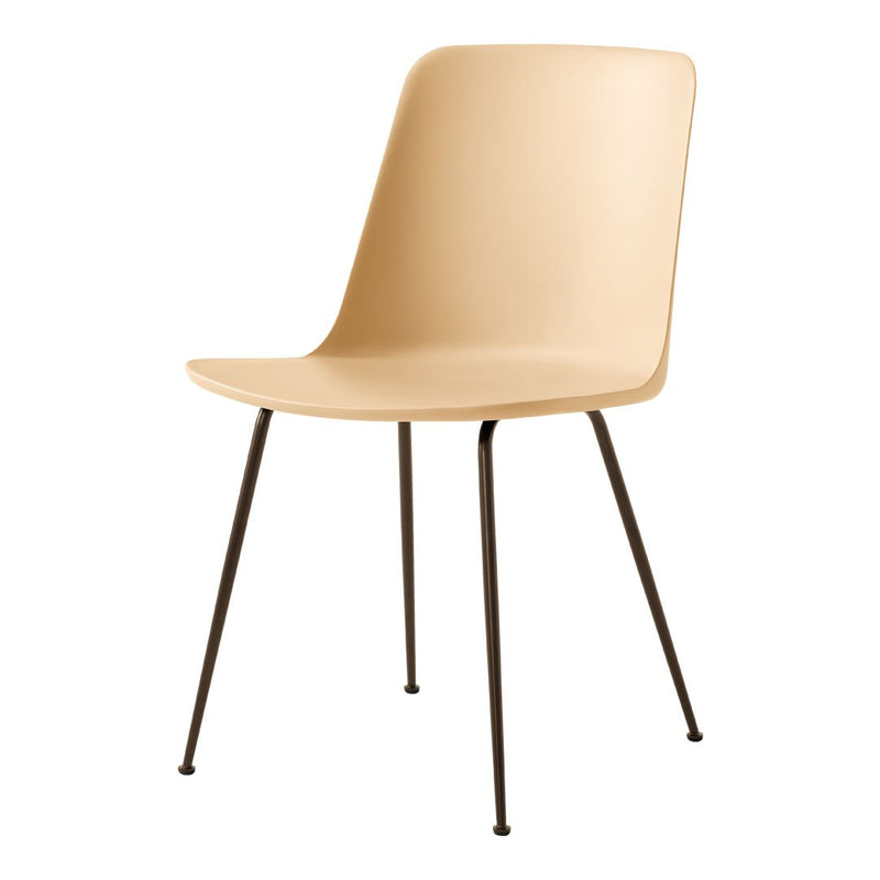 Beige plastic chair with sleek design and black metal legs, perfect for modern interiors.