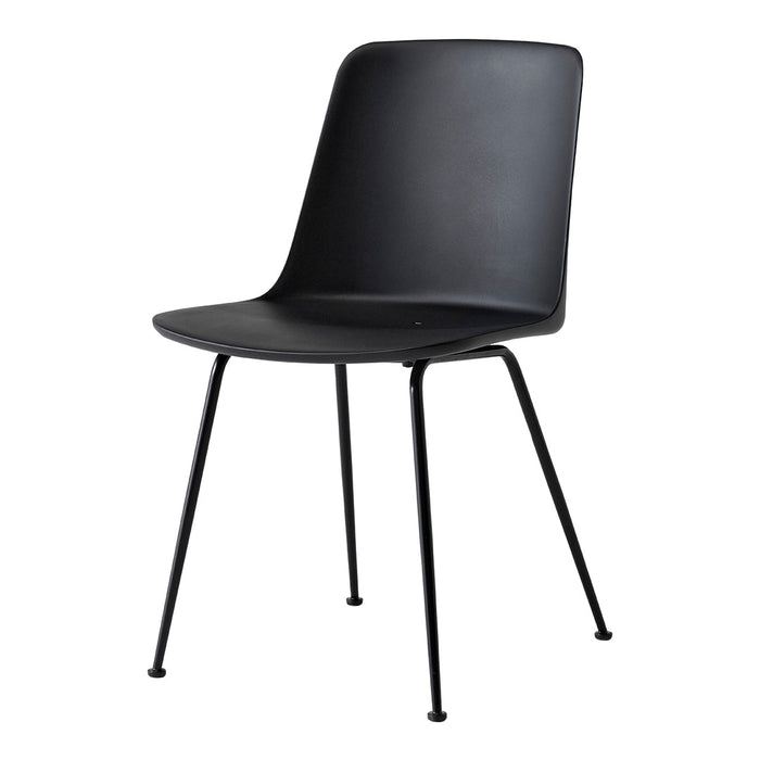 Black modern chair with a sleek design and matte finish, featuring slim black metal legs. Perfect for minimalist decor.