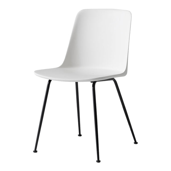 White chair with a smooth finish and sleek black metal legs, showcasing a minimalist design.