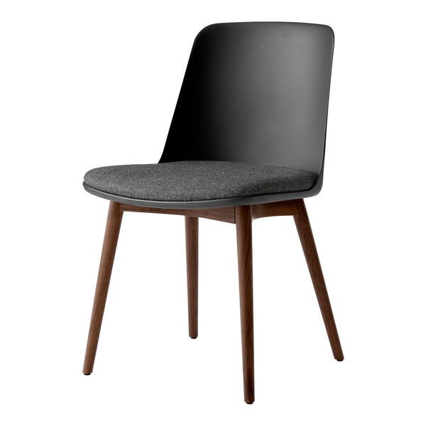 Stylish black chair with a gray seat and natural wood legs, featuring a modern, minimalist design.