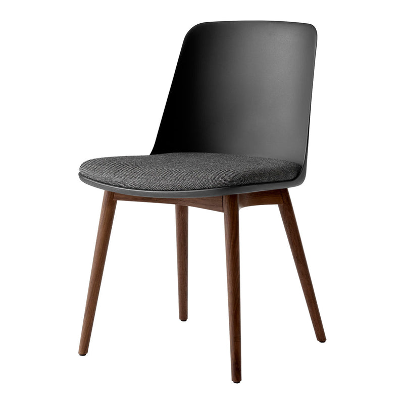 Stylish black chair with a gray seat and natural wood legs, featuring a modern, minimalist design.