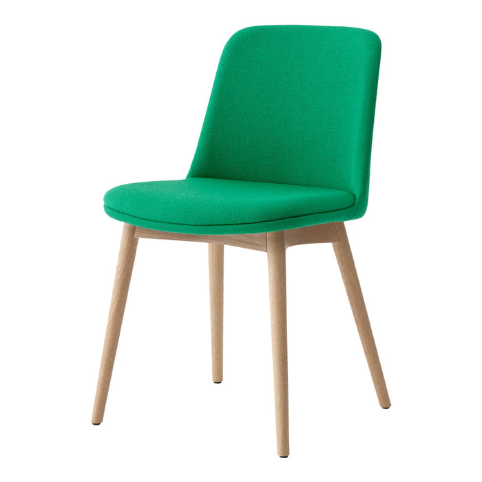 Green upholstered chair with a sleek design and natural wood legs, perfect for modern decor.