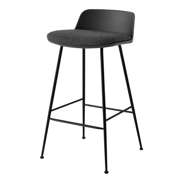 Black bar stool with a gray upholstered seat and sleek black metal legs. Modern, minimalist design.