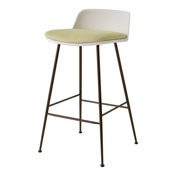 Modern bar stool with a white backrest, green cushion seat, and sleek brown metal legs. Perfect for stylish spaces.
