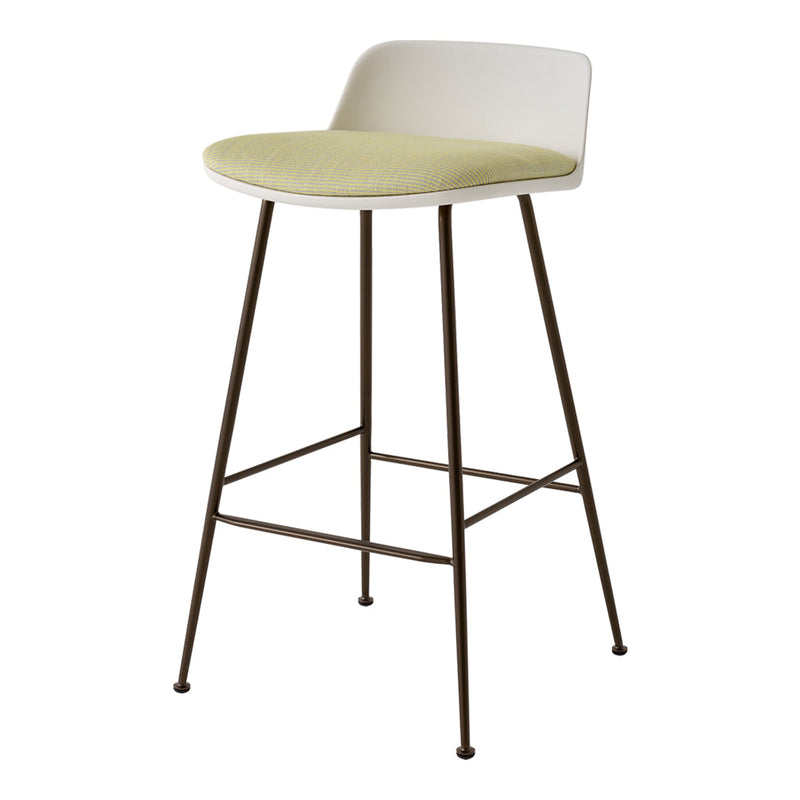 Modern bar stool with a white backrest, green cushion seat, and sleek brown metal legs. Perfect for stylish spaces.