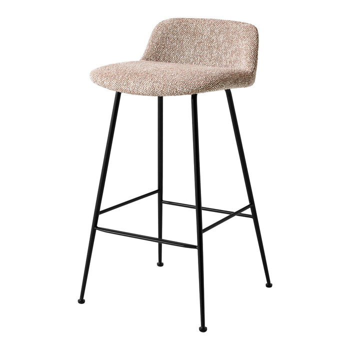 Beige textured bar stool with black metal legs, featuring a minimalist design and soft upholstery.
