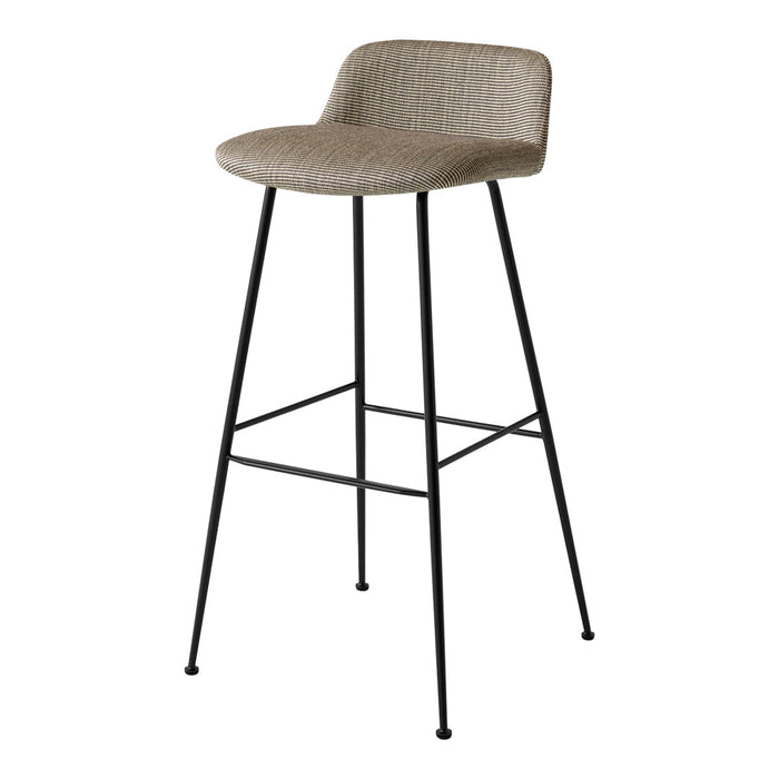 Beige upholstered bar stool with a textured finish and sleek black metal legs. Modern and minimal design.