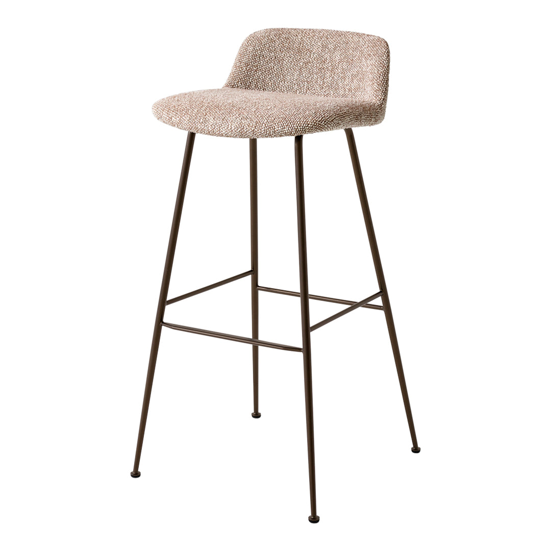 Beige upholstered bar stool with a smooth texture and dark metal legs, featuring a minimalist design.