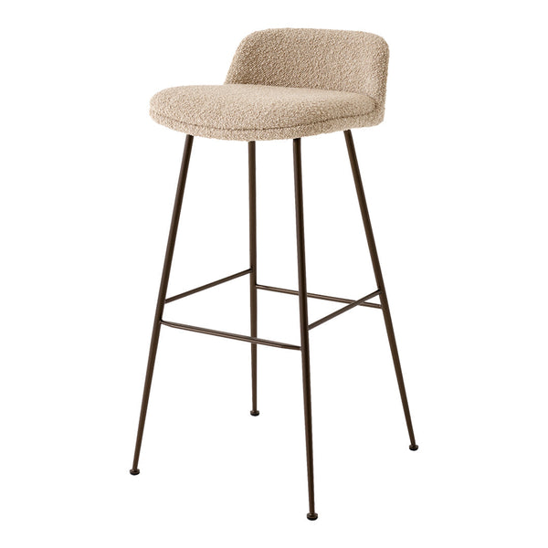 Beige upholstered bar stool with a textured seat and sleek black metal legs. Modern design for any decor.