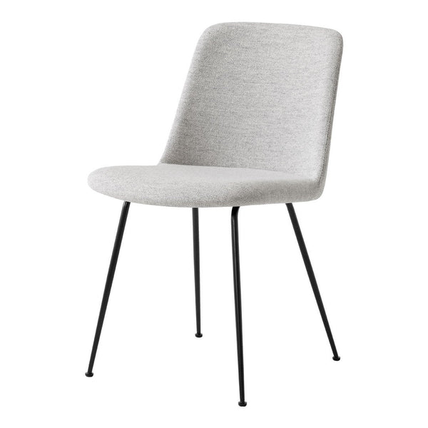 Light gray chair with a sleek, minimalist design and black metal legs, perfect for modern decor.