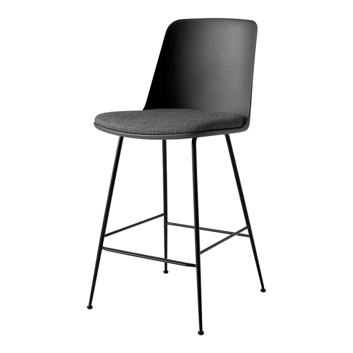 Black bar stool with a sleek design and a textured gray seat, perfect for modern interiors.