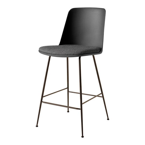 Stylish black bar stool with a gray upholstered seat and slender metal legs, perfect for modern decor.