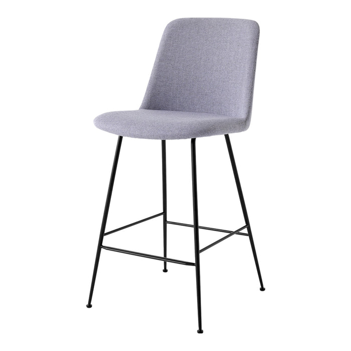 Gray upholstered bar stool with a sleek black metal frame, featuring minimalist design and modern elegance.
