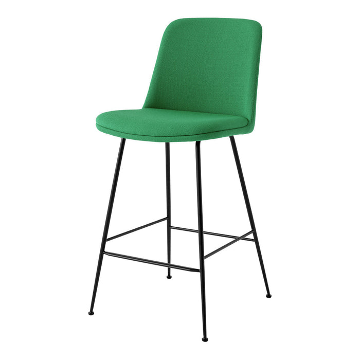 Bright green upholstered bar stool with sleek black metal legs. Perfect for modern decor.