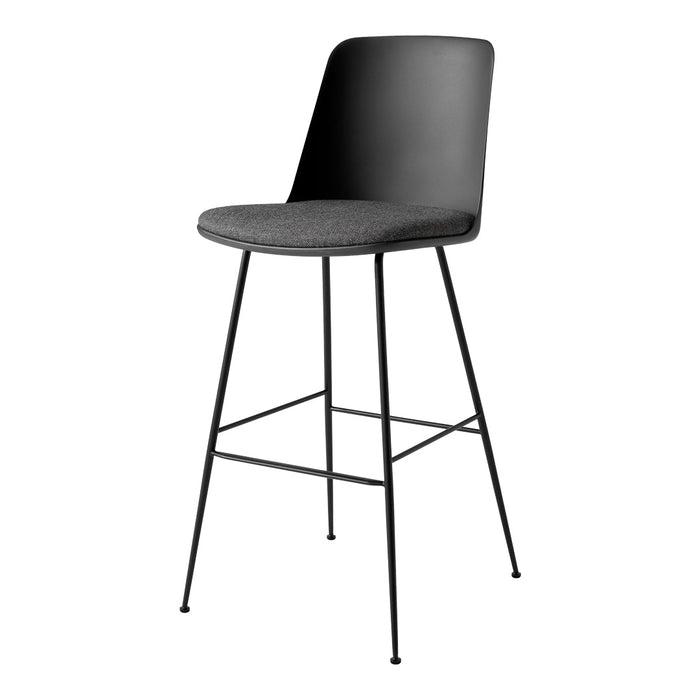 Black modern bar stool with a sleek matte finish and gray upholstered seat. Perfect blend of style and comfort.