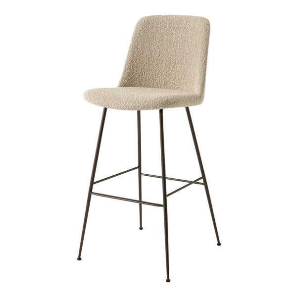 Beige upholstered bar stool with sleek black metal legs, featuring a minimalist design and textured fabric finish.