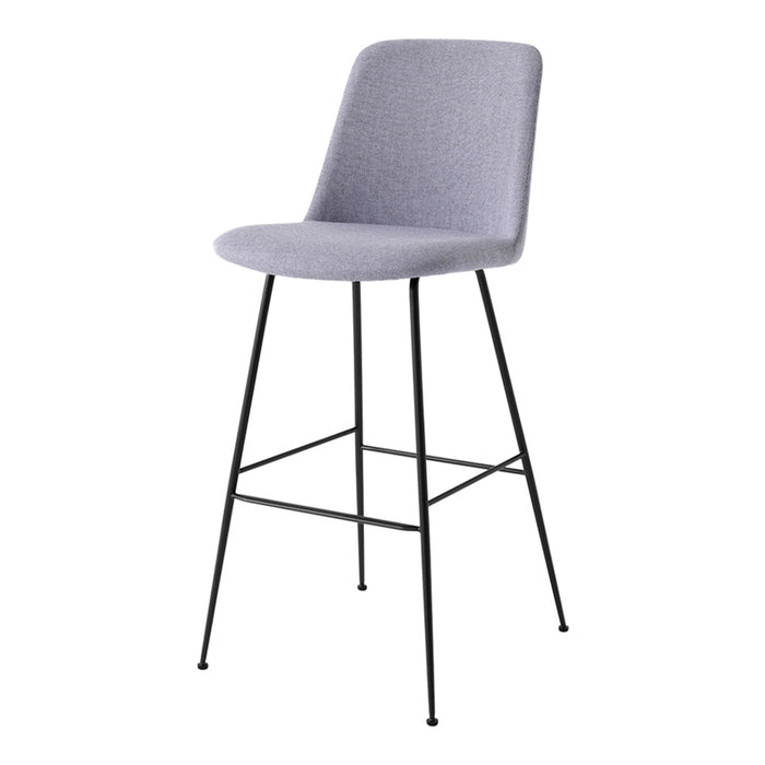 Gray upholstered stool with a sleek black metal frame and minimalist design, perfect for modern spaces.