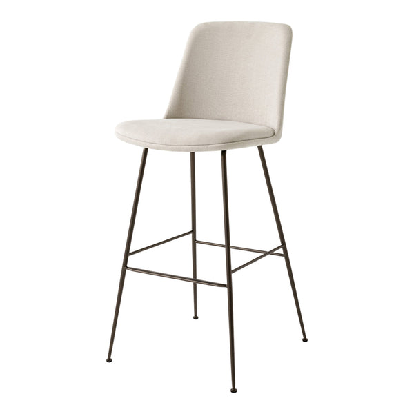 Light beige upholstered bar stool with minimalist design and sleek black metal legs. Ideal for modern interiors.