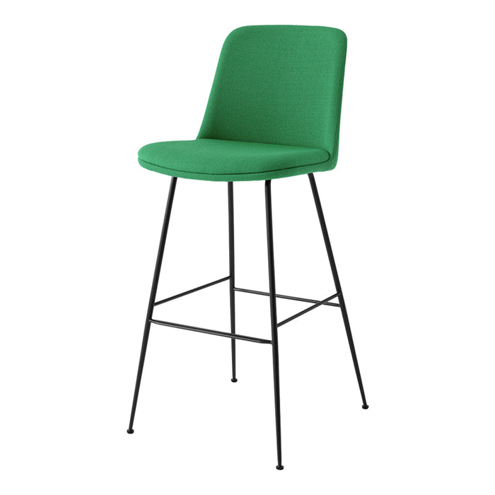 Green upholstered bar stool with a sleek black metal frame and minimalist design. Ideal for modern decor.