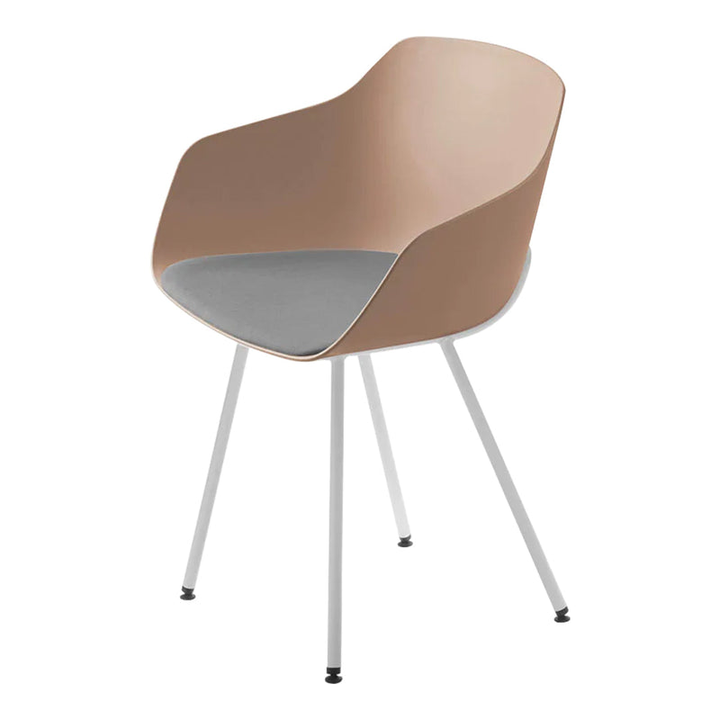 Modern chair featuring a smooth tan and gray seat with sleek white legs, perfect for contemporary interiors.