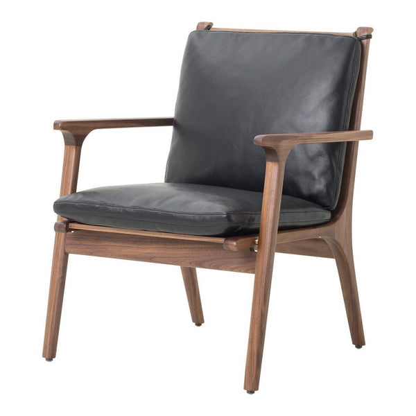 Black leather armchair with a sleek walnut wood frame, perfect blend of modern design and natural tones.