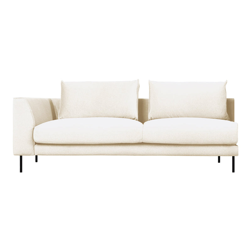 Cream-colored sofa with two plush, soft cushions and a minimalist design, featuring clean lines and black legs. 