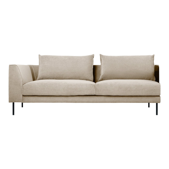 Beige sofa with soft fabric upholstery and minimalist design, featuring two plush back cushions and sleek black legs.