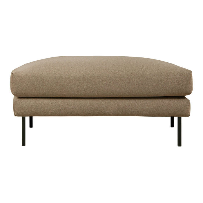 Beige upholstered ottoman with sleek black metal legs, featuring a smooth, minimalistic design.