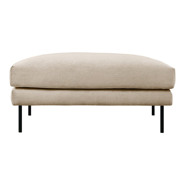 Beige upholstered ottoman with a smooth texture and sleek black metal legs. Neutral color complements any decor.