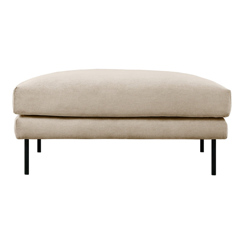 Beige upholstered ottoman with a smooth texture and sleek black metal legs. Neutral color complements any decor.