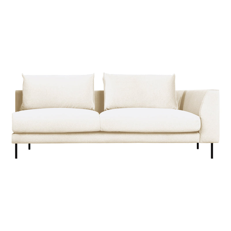 Modern white sofa with plush cushions and sleek black legs, featuring a clean, minimalist design.