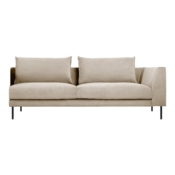 Beige modern sofa with clean lines and subtle texture, featuring plush cushions and black metal legs.
