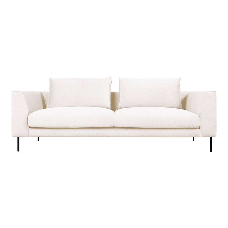 Elegant beige sofa with soft, textured upholstery and minimalist design, featuring clean lines and neutral colors.
