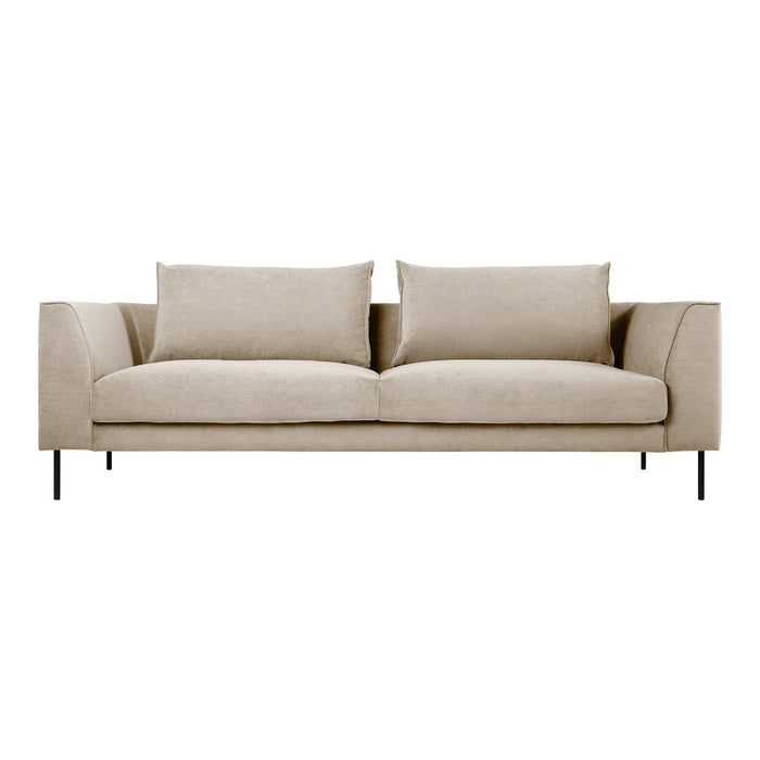 Beige modern sofa with clean lines and two plush cushions, complemented by slim black metal legs.
