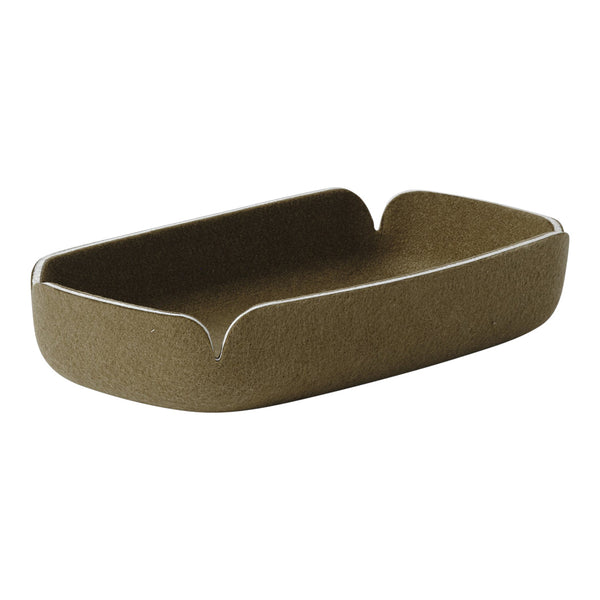 Olive green rectangular tray with a textured surface and subtle metallic edge detailing. Perfect for modern decor.