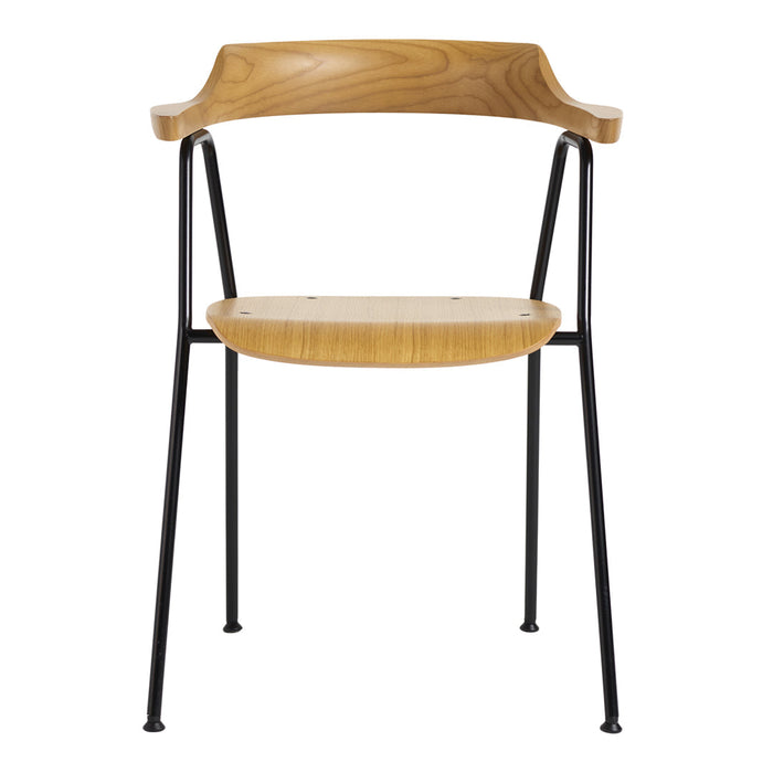 Light wood chair with smooth curves and sleek black metal legs, featuring a minimalist design and natural wood grain pattern.