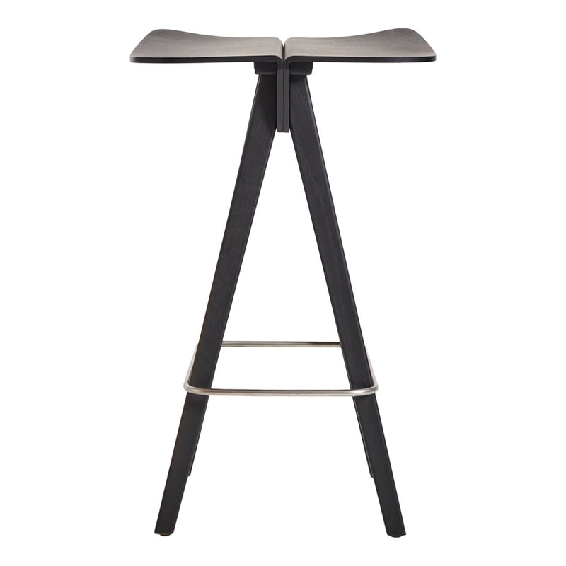 Black wooden bar stool with a minimalist design and sleek lines. Perfect for modern interiors.