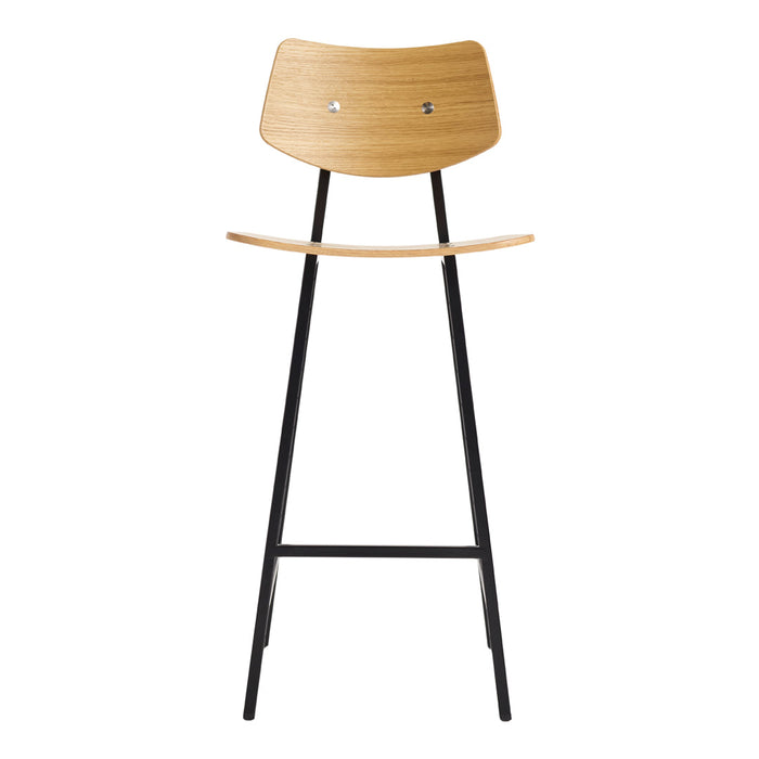 Natural wood and sleek black metal high chair with a minimalist design, featuring a smooth curved seat and backrest.